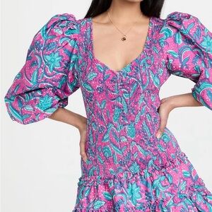 Anthropologie Smocked Mini Dress in Lola Pink Print by Love the Label size small